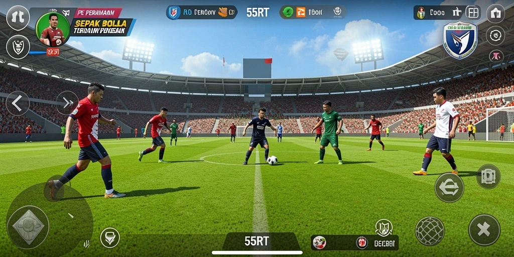 Tampilan gameplay 55RT yang mendebarkan dengan aksi sepak bola realistik.