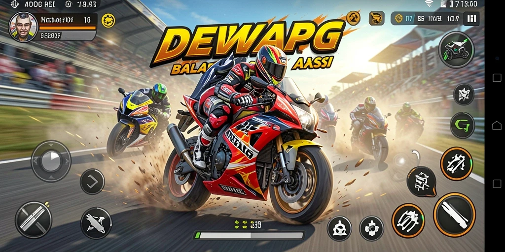 Screenshot gameplay DEWAPG yang menampilkan balapan motor yang mendebarkan.