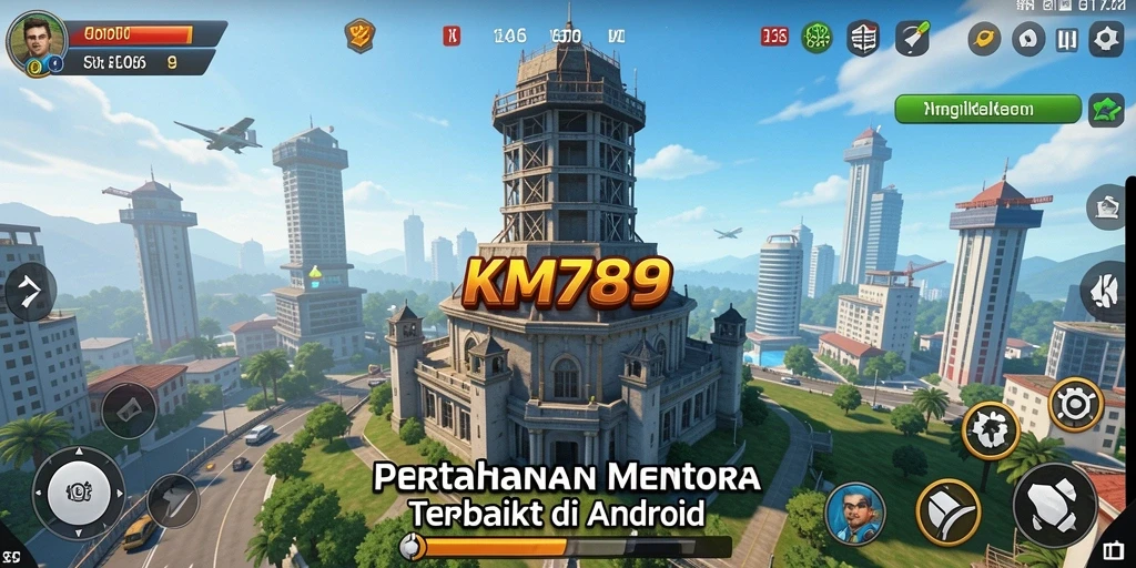 Screenshot gameplay KM789 yang menampilkan pertarungan strategis Tower Defense.