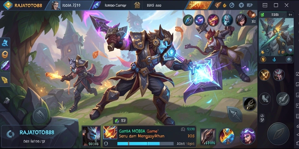 Tampilan seru gameplay RAJATOTO88 dengan aksi MOBA yang mendebarkan.