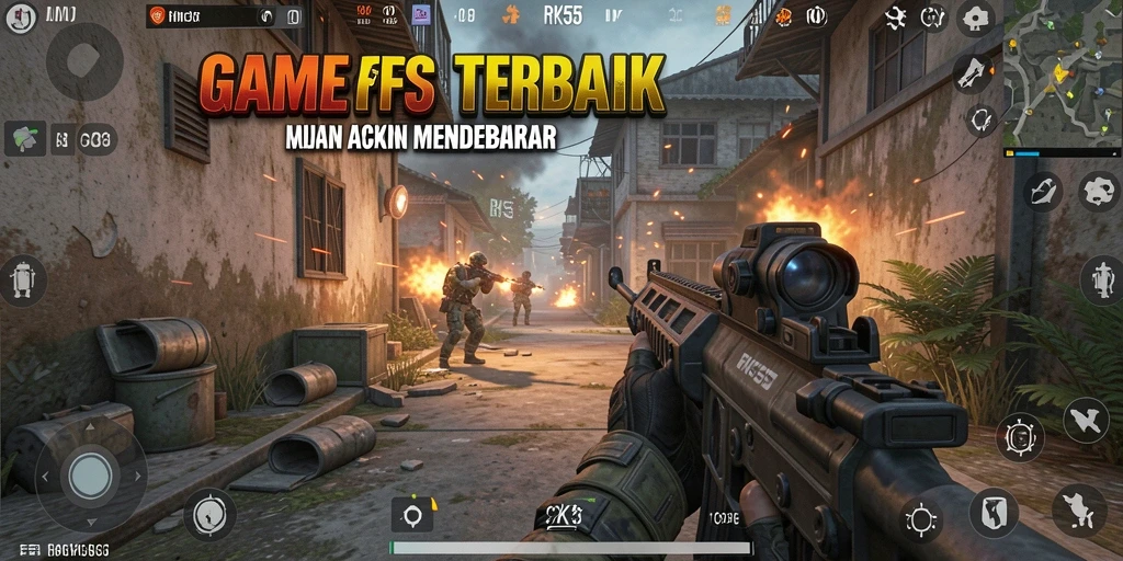 Screenshot menunjukkan aksi intens dalam pertempuran FPS RK55.